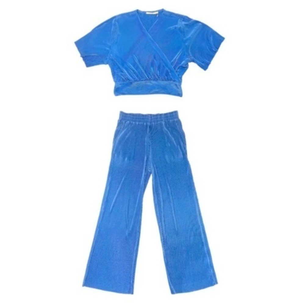 Ellison pant set suit coord short sleeve pleated size L in blue